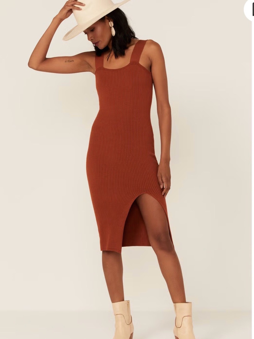 Shyanne Rust Ribbed Midi Dress with Side Slit